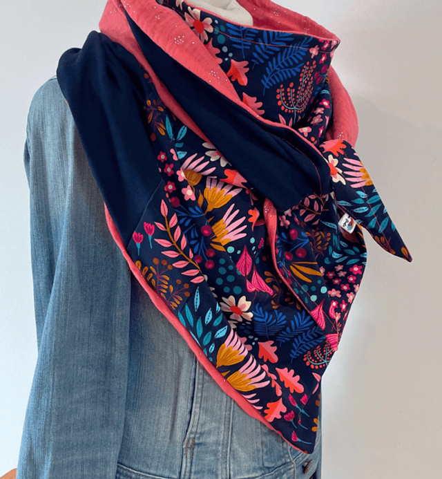 Maxi Chèche Été Happy Bliss Pink  doublée en polaire minky bleu marine 