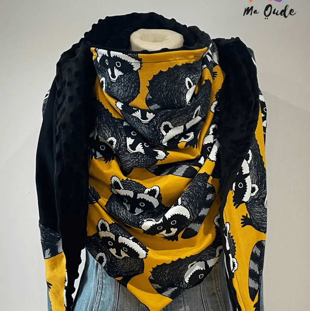 Maxi Chèche Happy Piwi châle, écharpe jaune moutarde noire et blanche doublée en polaire minky noire