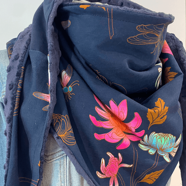 Maxi Chèche Enfant Happy Leïla  rose et bleue doublée en polaire minky bleu marine 